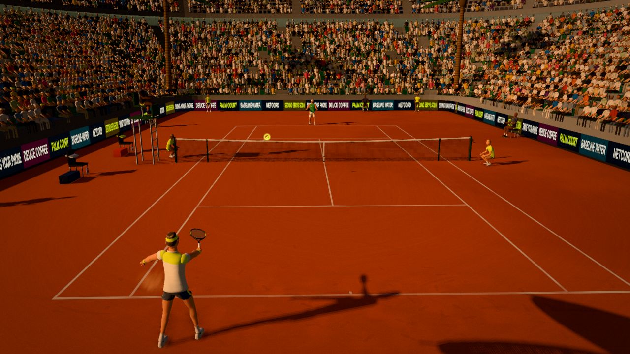A forehand on a clay court in warm evening light, the crowd packed behind the boards