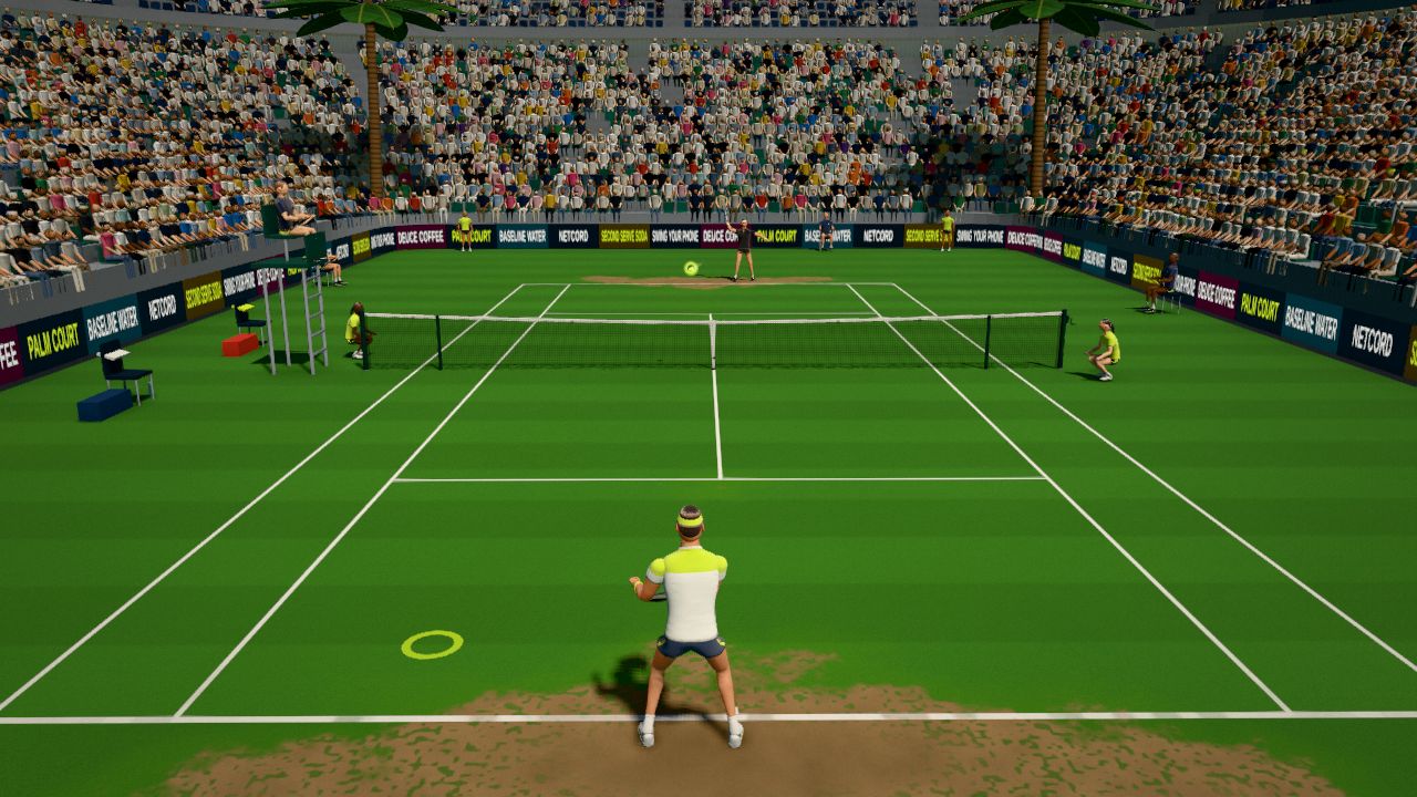 A player waiting for a return on a grass court, seen from behind